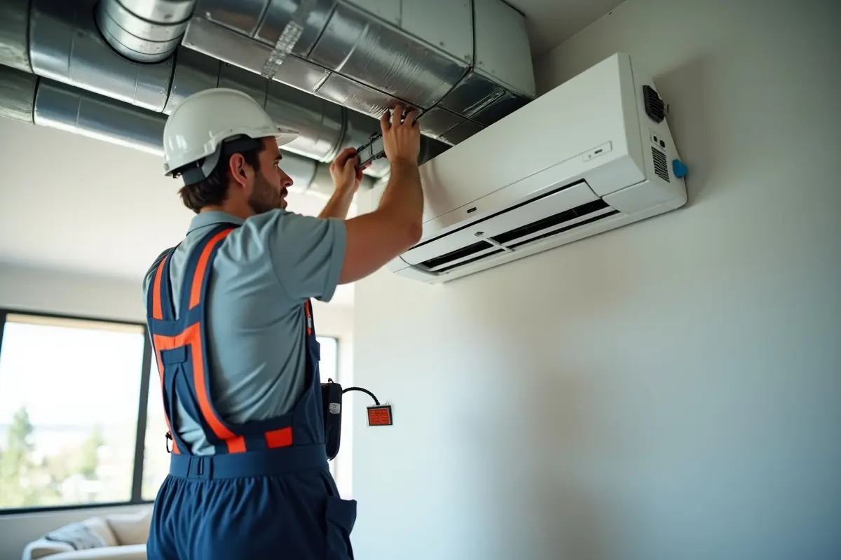 technician installing modern residential hvac system indoors