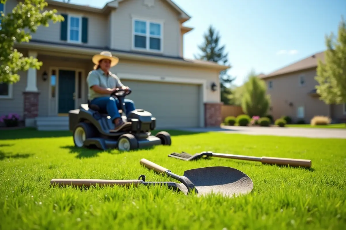 homeowner performing lawn maintenance with mower and garden tools