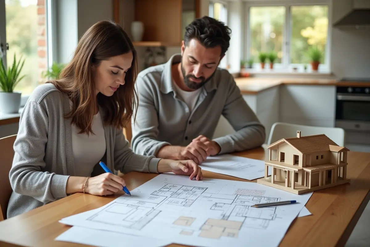 couple reviewing plans for purchasing new construction home