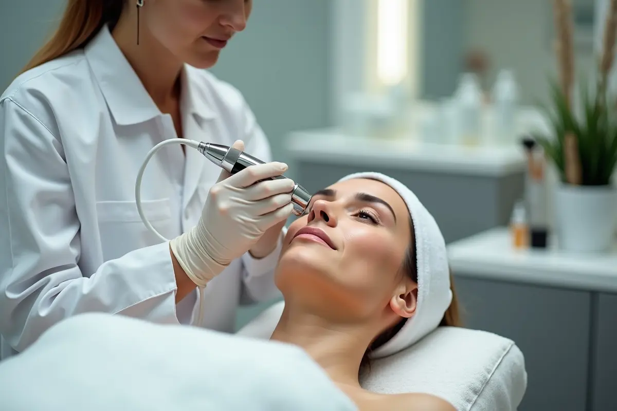 skincare specialist performing microneedling technique during professional facial treatment