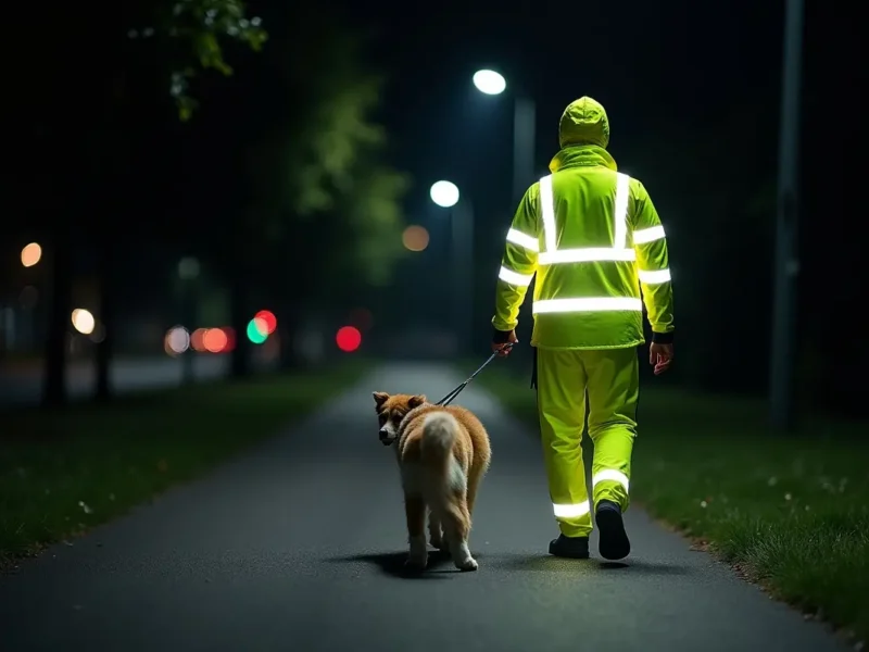 person safely walking dog at night using reflective gear and leash