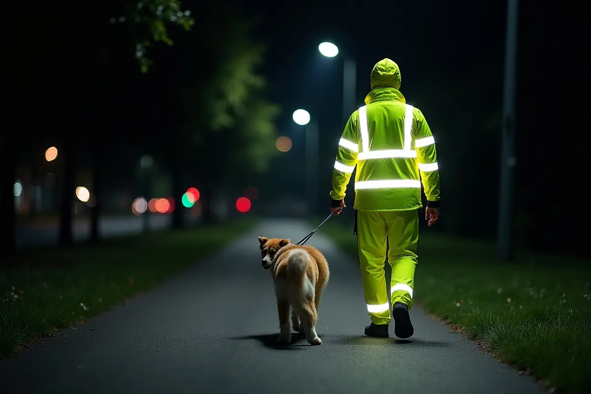 person safely walking dog at night using reflective gear and leash