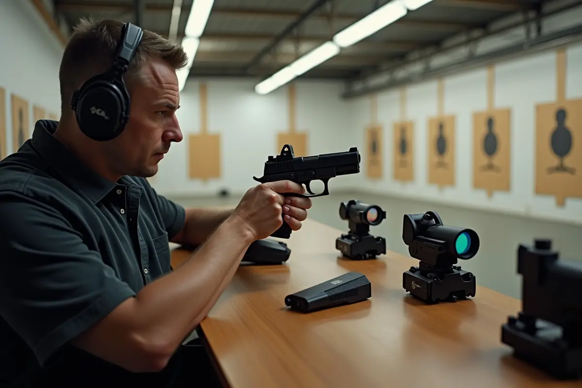 shooter comparing different pistol sight designs at indoor shooting range